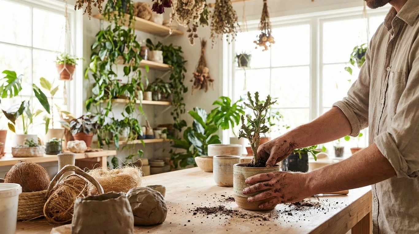 Artisan rempotant une plante dans l'atelier