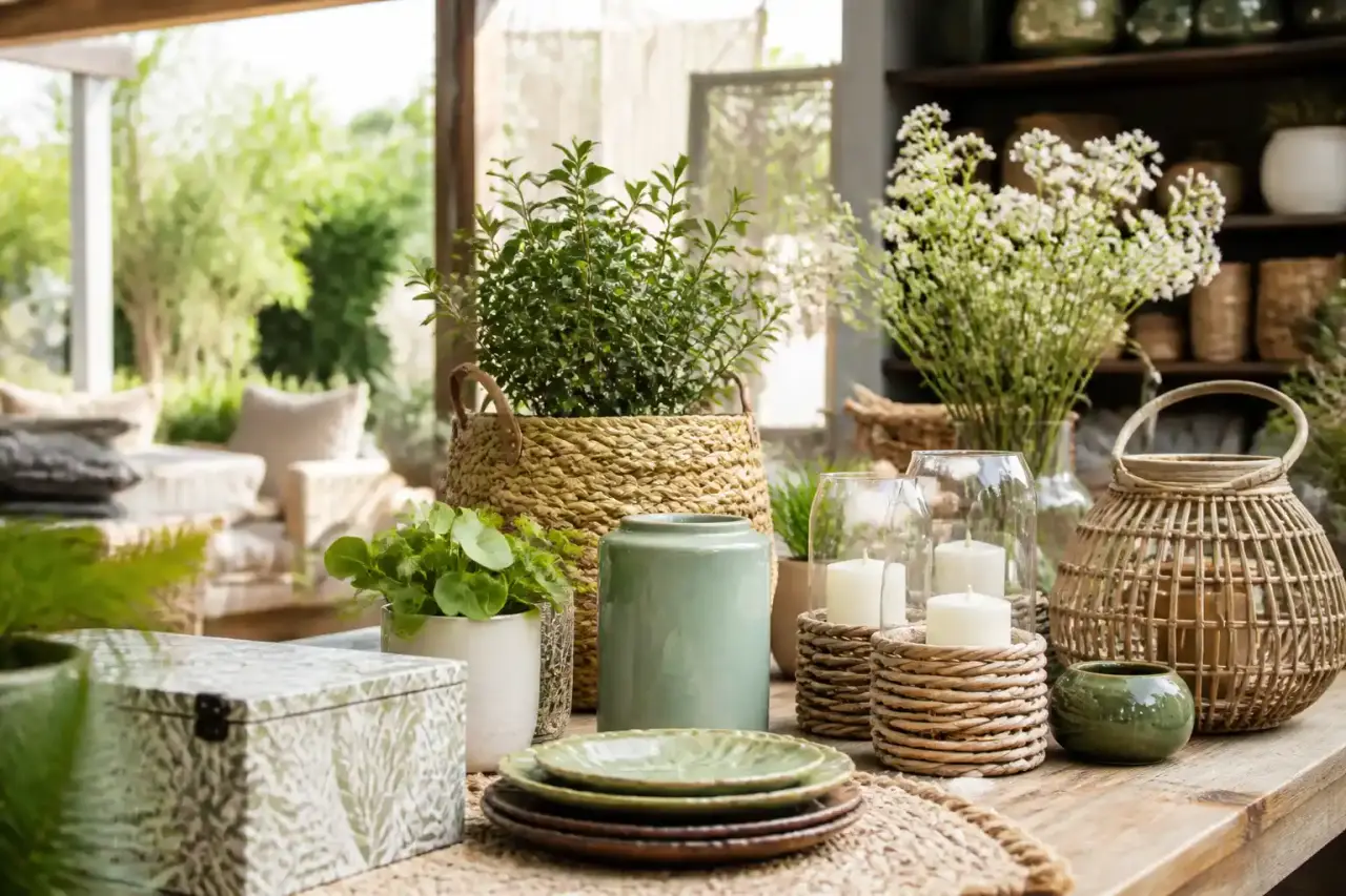 Un salon lumineux avec des canapés confortables, des plantes vertes luxuriantes et du mobilier en bois naturel