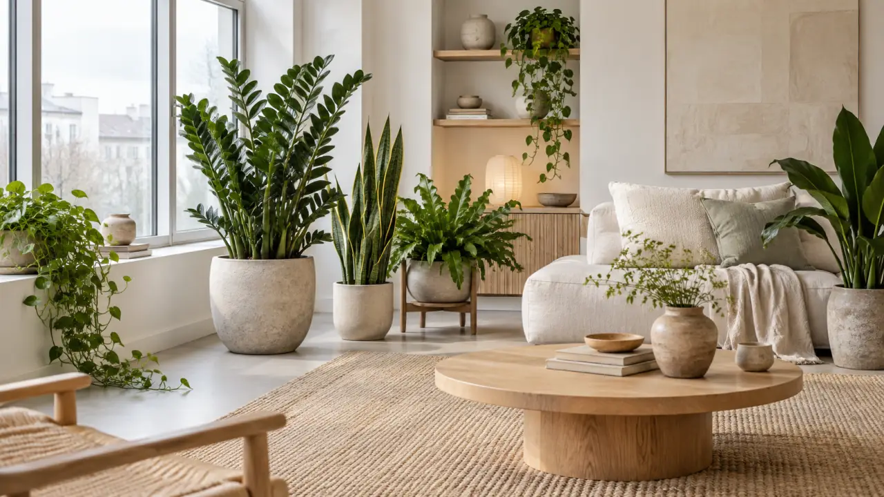 Salon orienté plein nord végétalisé avec des plantes d'intérieur et des céramiques artisanales
