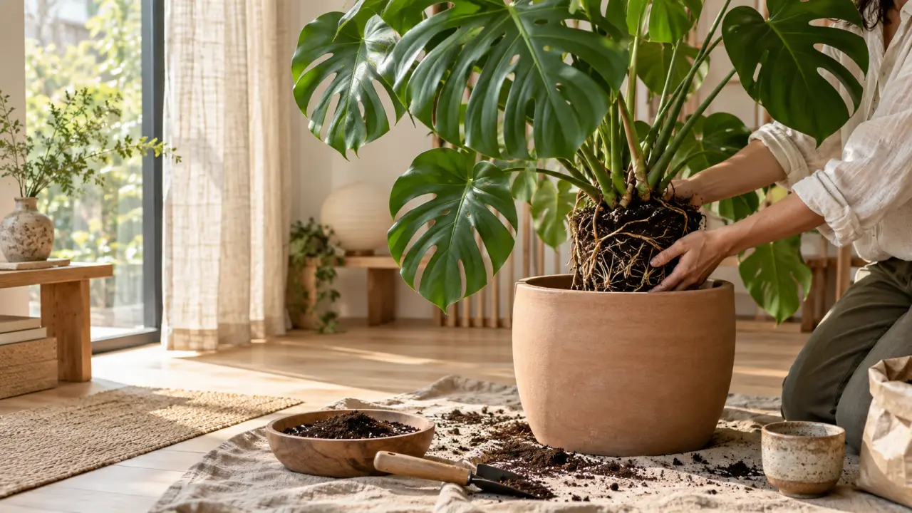 Monstera luxuriant dans un pot en céramique naturelle, prêt à être rempoté