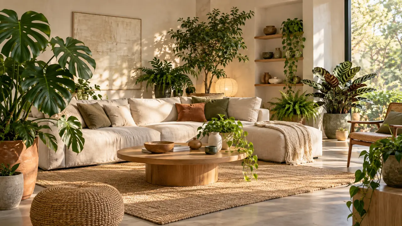 Salon sombre transformé avec des plantes vertes, des matières naturelles et des pots en céramique artisanale