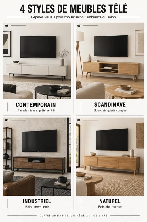 Infographie comparative de meubles tele design contemporains, scandinaves, industriels et naturels