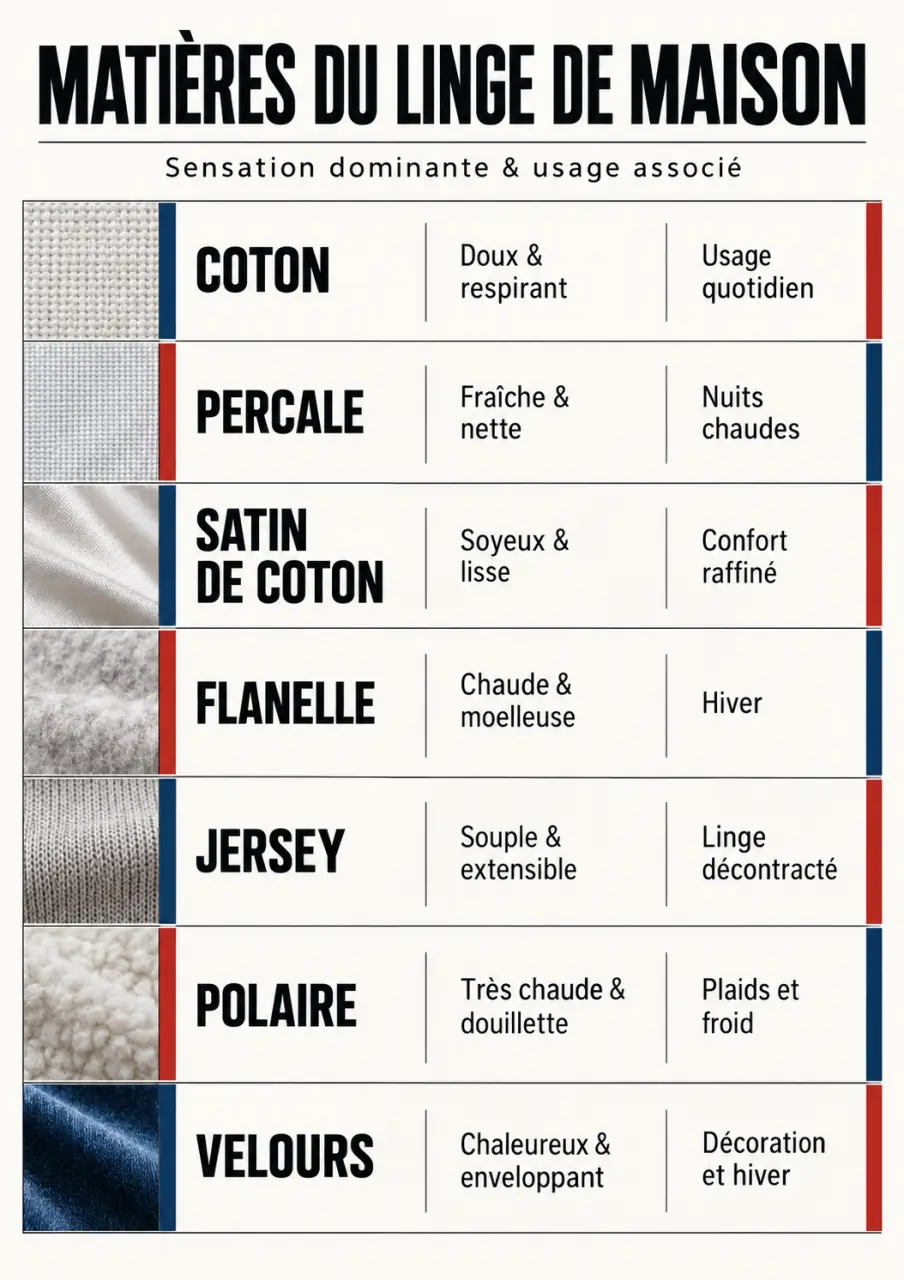 Saget linge de maison : comparaison des matières coton, percale, satin, flanelle, jersey, polaire et velours