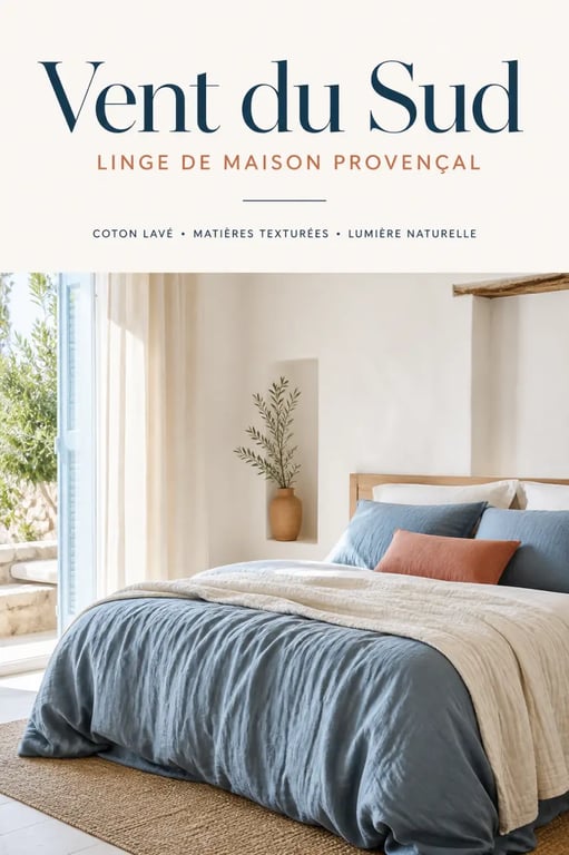 Linge de maison Vent du Sud dans une chambre provençale lumineuse avec linge de lit en coton lavé et couvre-lit texturé