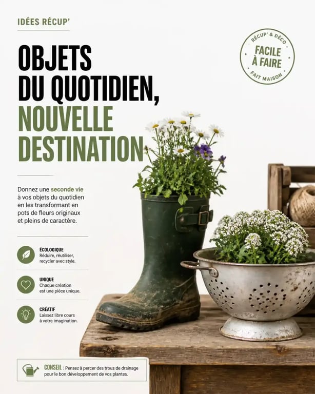 Décoration de jardin récup : pots de fleurs originaux avec objets simples