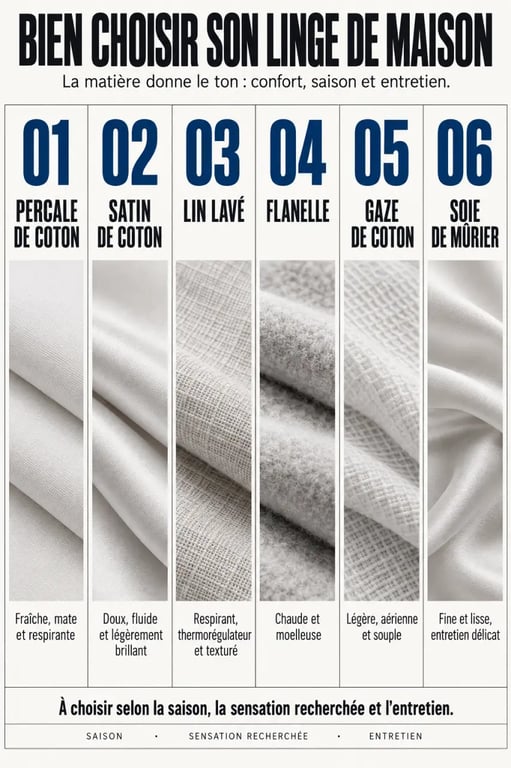 Infographie sur le linge de maison qualité et les différences entre percale, satin, lin, flanelle, gaze de coton et soie