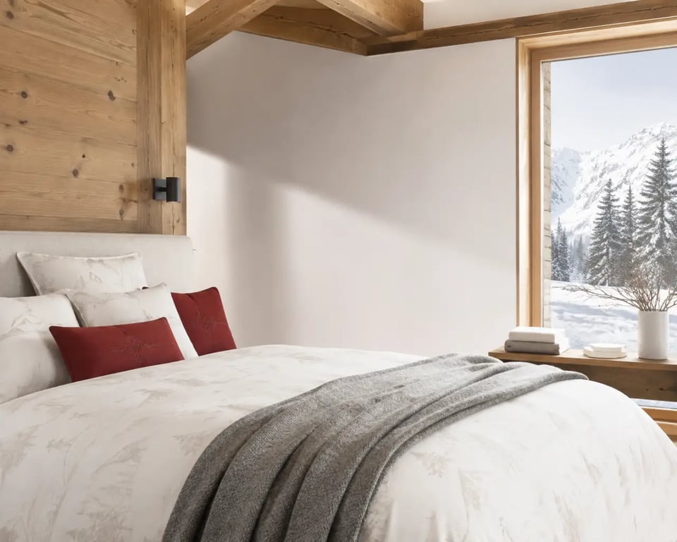 Ambiance chalet avec linge de maison montagne dans une chambre chaleureuse