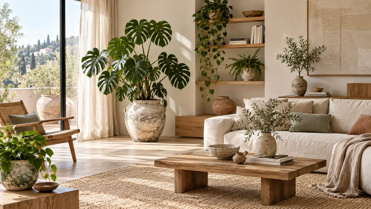 Salon lumineux décoré de plantes vertes dans des pots en céramique artisanale