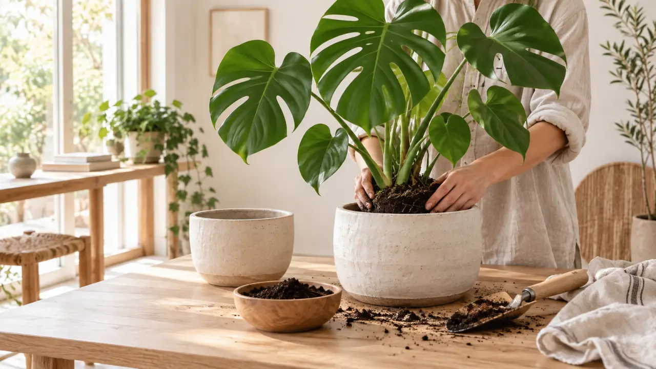 Monstera en cours de rempotage dans un pot en céramique artisanale