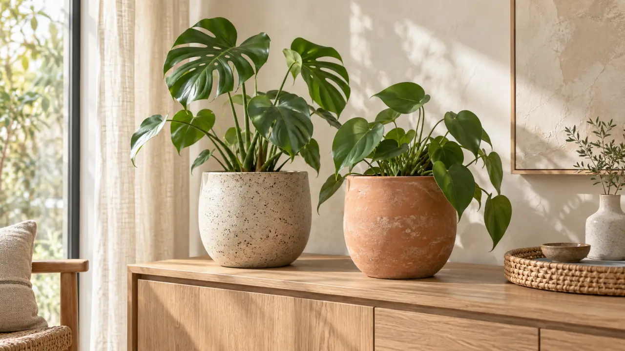Cache-pots en grès et en terre cuite accueillant des plantes d'intérieur