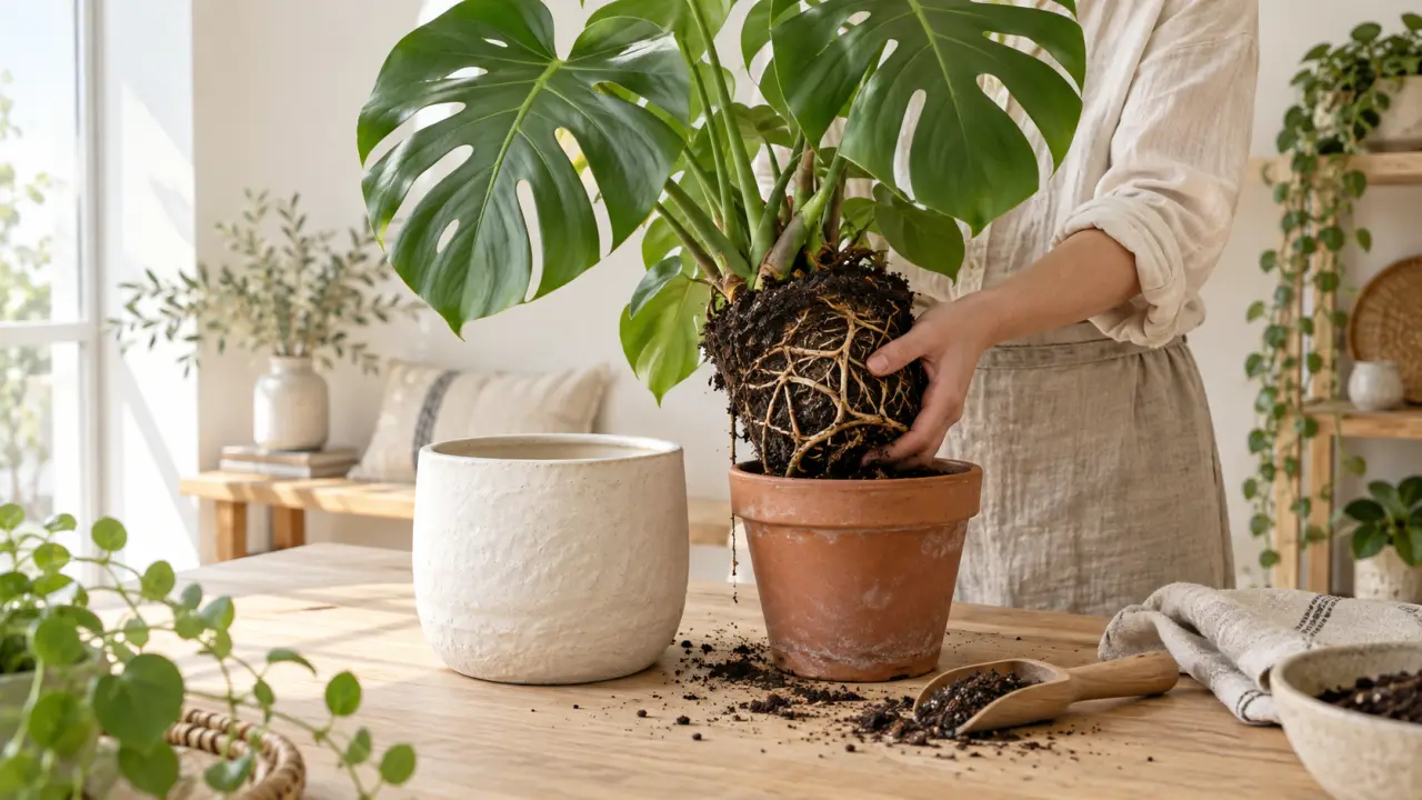 Rempotage délicat d’un monstera dans un pot en céramique naturelle