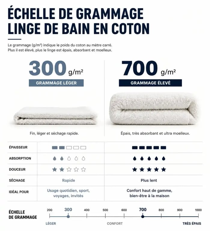 Échelle de grammage du linge de maison en coton pour le bain
