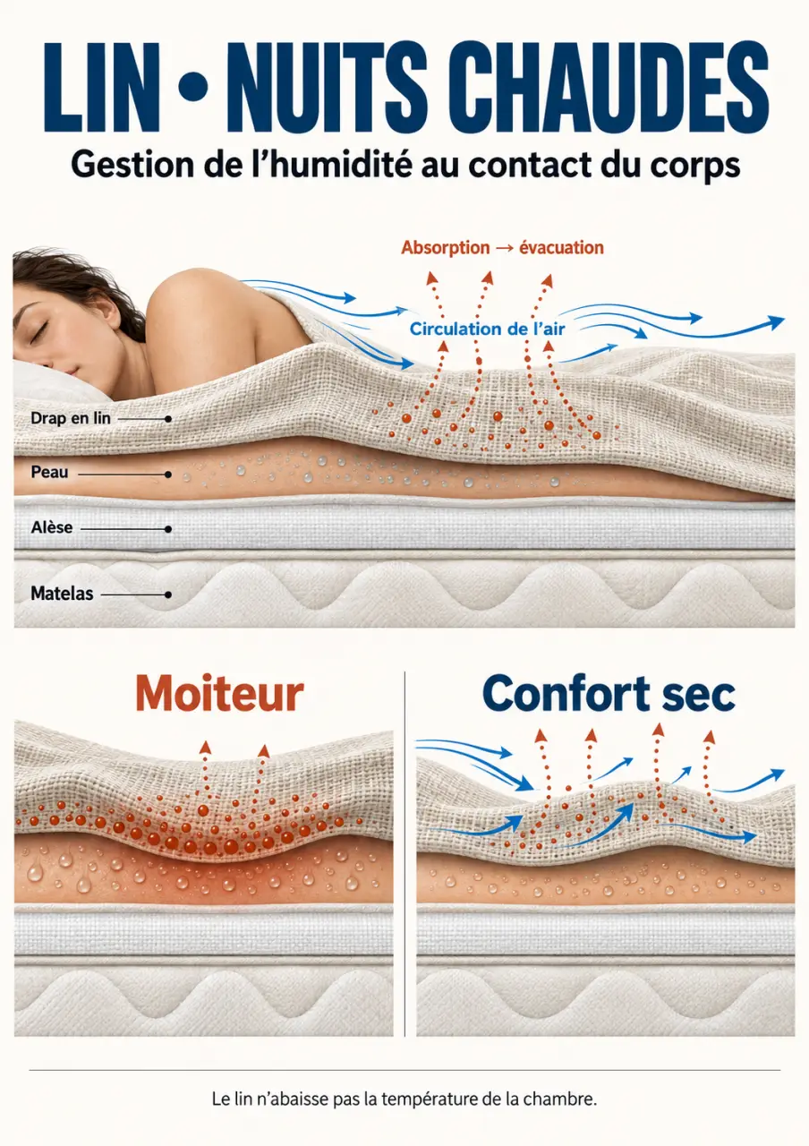 Infographie expliquant pourquoi privilégier le lin pour son linge de lit en été grâce à la circulation de l’air et à la gestion de l’humidité