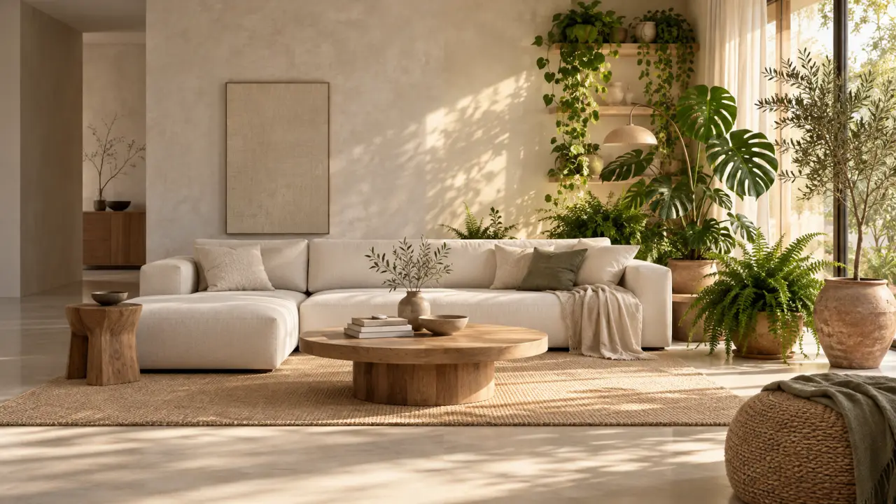 Salon aux matières minérales transformé par des plantes vertes et des éléments en bois naturel