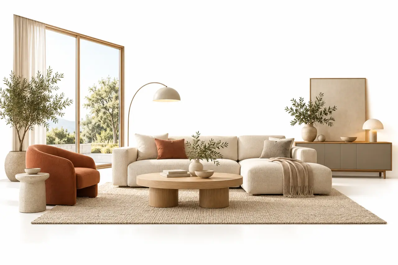 Salon aménagé avec des meubles design contemporain en bois, tissu et métal