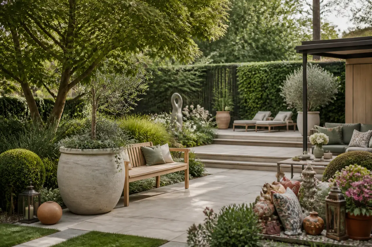 Décoration jardin extérieur : points focaux, matériaux résistants et erreurs qui fatiguent l’œil