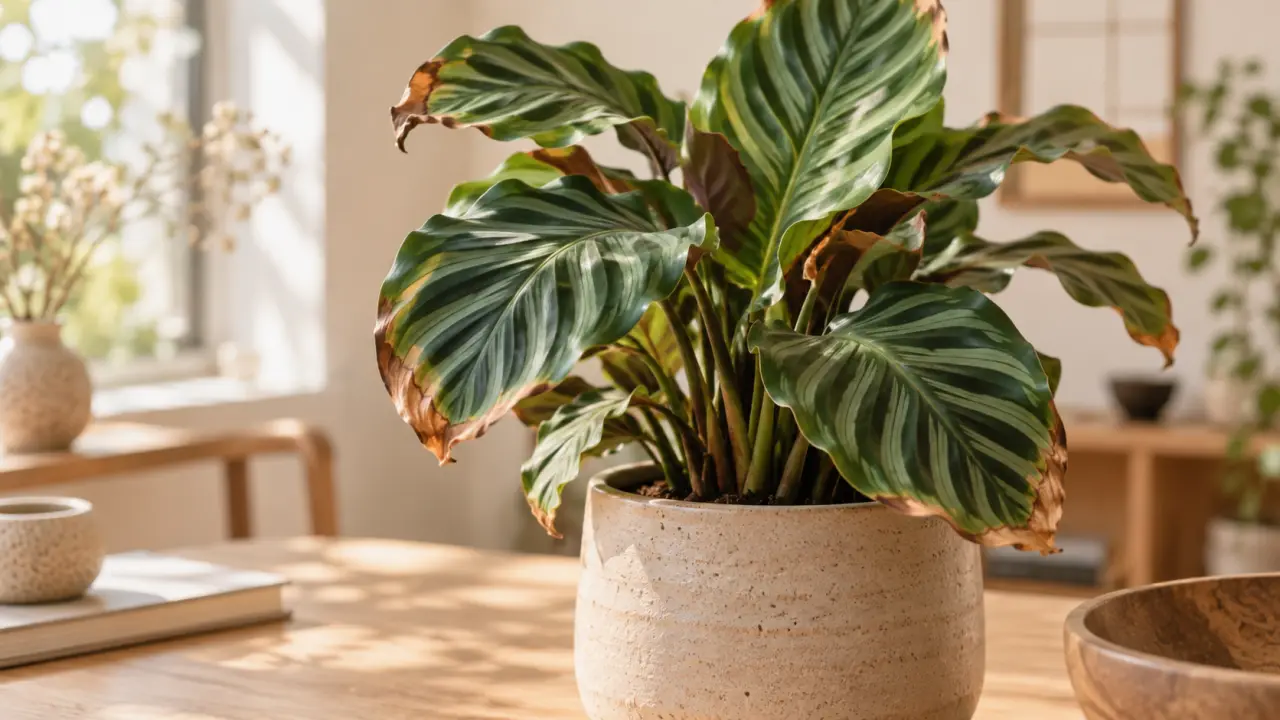 Calathea aux grandes feuilles graphiques dans un intérieur lumineux