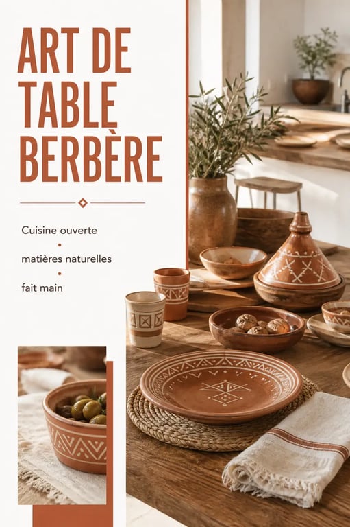 Déco berbere sur une table artisanale avec vaisselle et textiles berbères