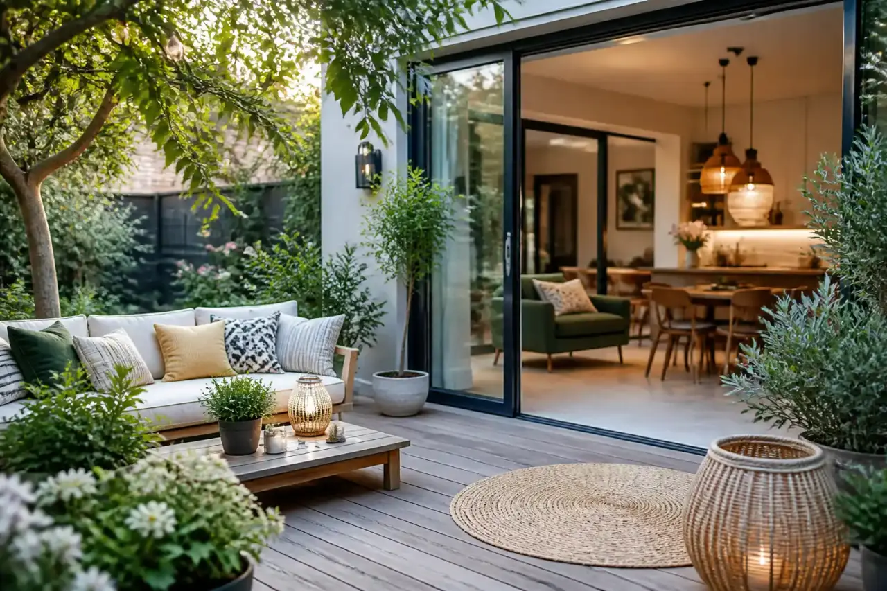 Une terrasse en bois chaleureuse et végétalisée avec des plantes vertes et des pots en terre cuite