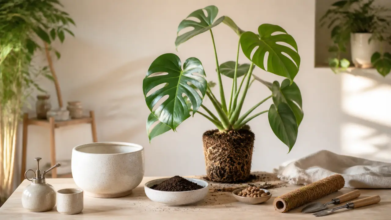 Monstera rempoté dans un pot en céramique naturelle avec tuteur discret dans un intérieur lumineux