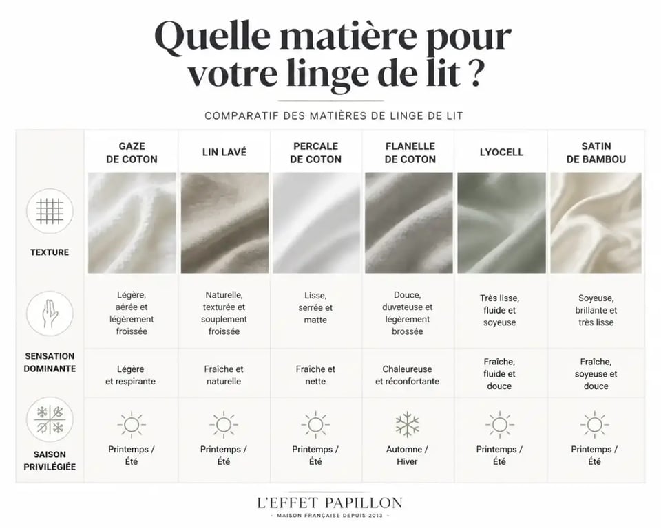 Infographie des matières de linge de maison L'Effet Papillon selon la saison et la sensation recherchée