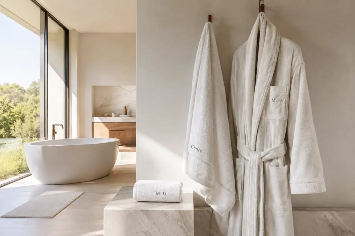 Linge de maison personnalisé brodé dans une salle de bain élégante avec serviettes et peignoir